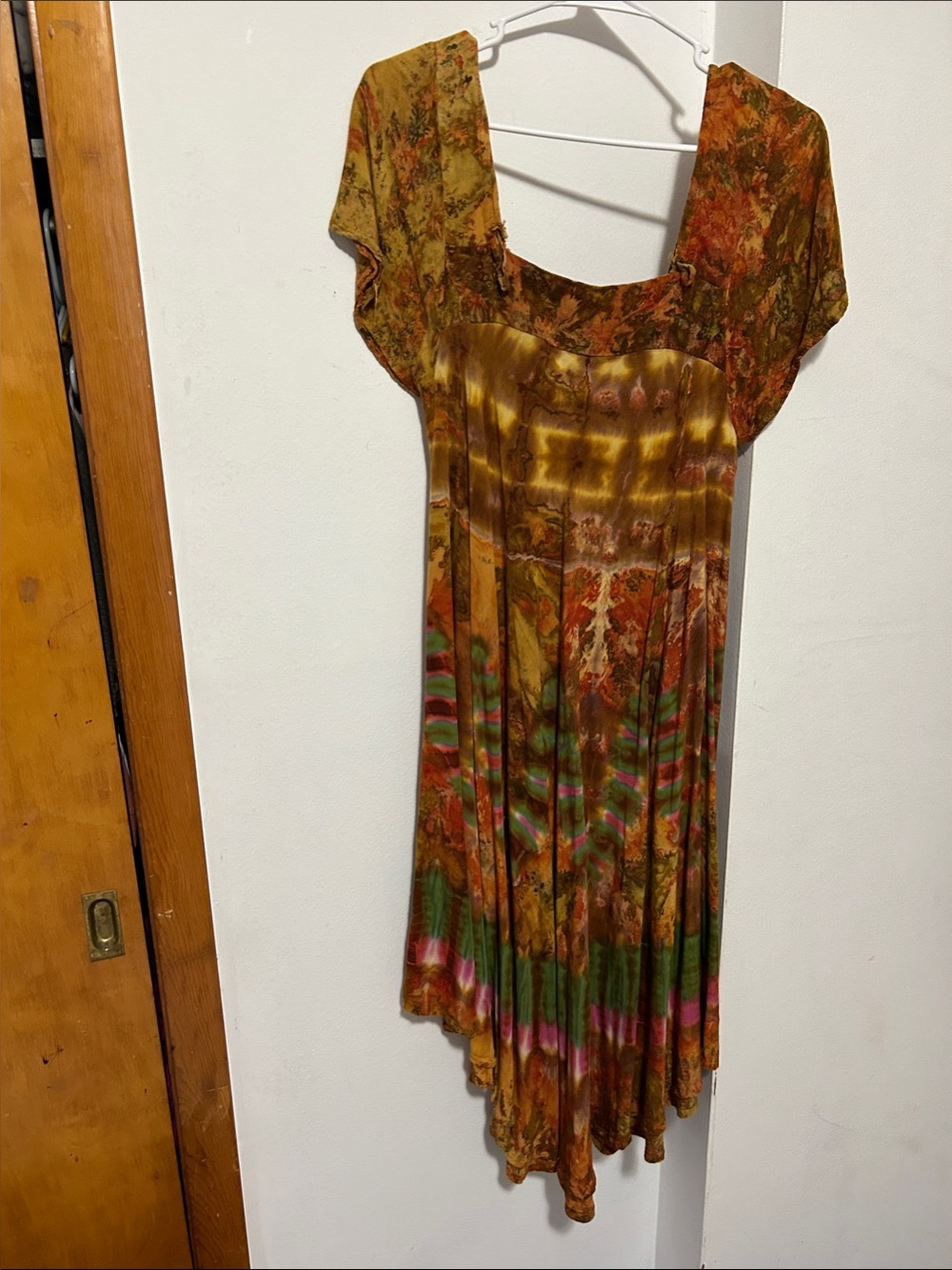 Batik Boho Tie-Dye Midi Dress in Greens, Oranges and Pink.